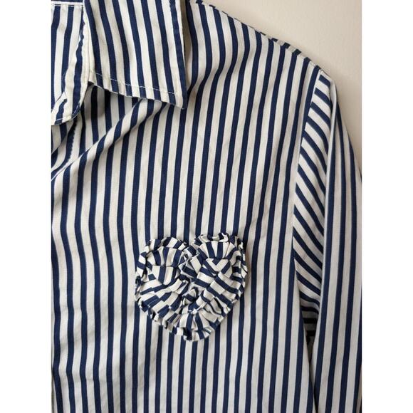 Kate Spade Button Up Pajama Shirt Size M Blue White Striped Heart Ruffle - Picture 2 of 10
